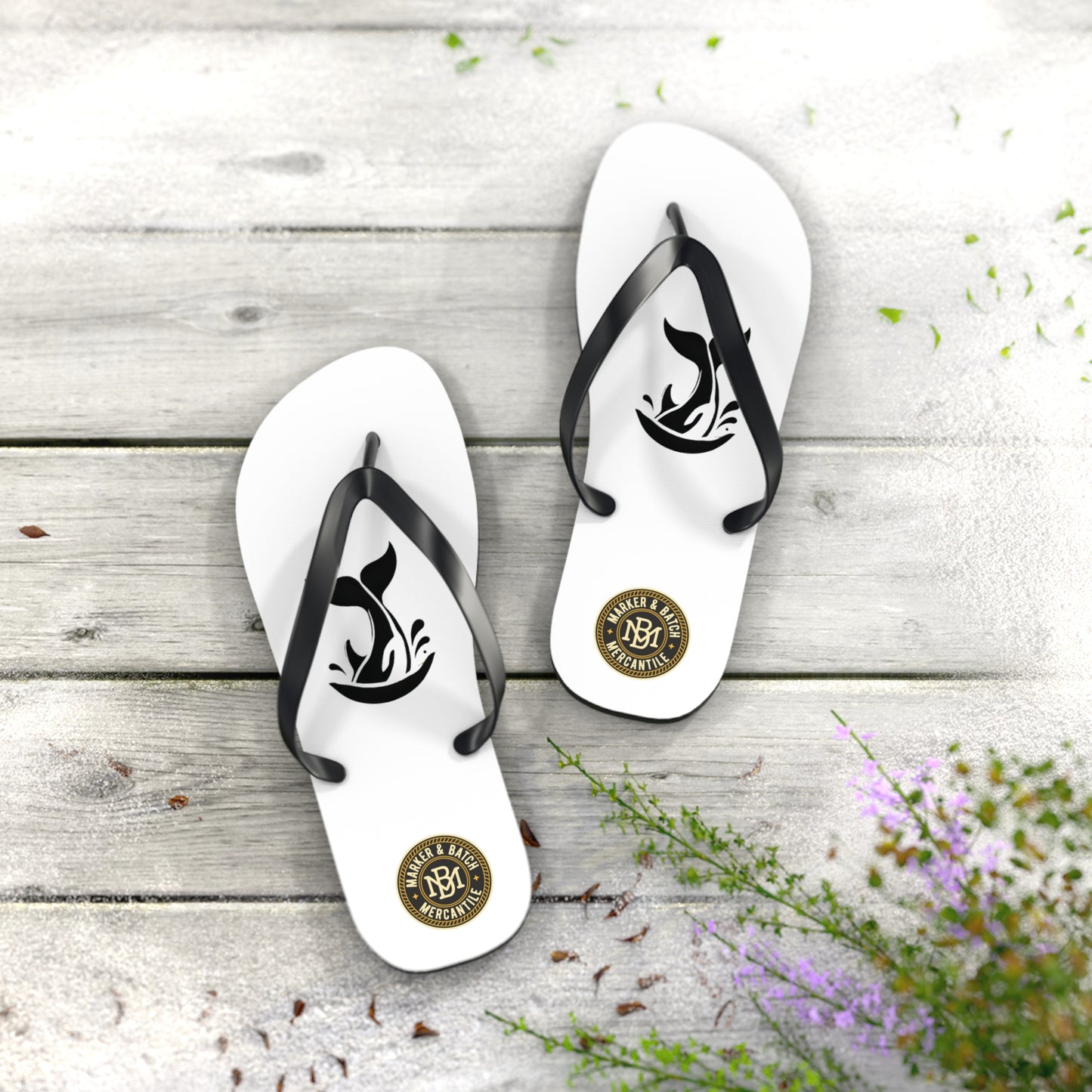Whale Tail Flip Flops — Minimal Beach Sandals with Black Splash Design