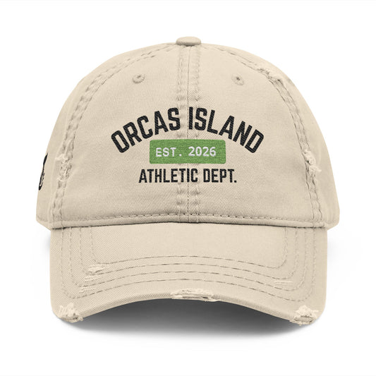 Distressed Hat in Khaki -- ORCAS ISLAND ATHLETIC DEPT. --  Hiqh quality embroidery - Perfect for Father's Day