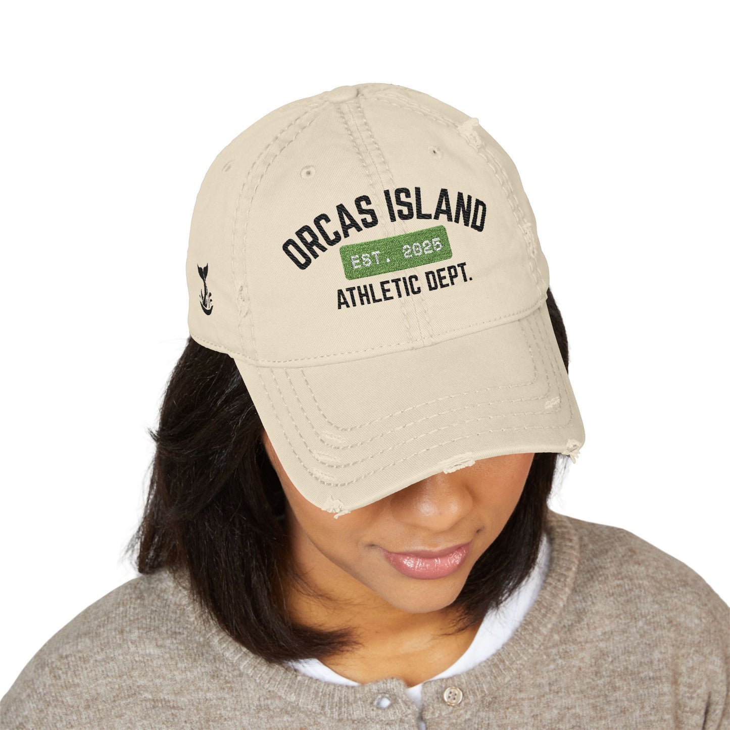 Distressed Hat in Khaki -- ORCAS ISLAND ATHLETIC DEPT. --  Hiqh quality embroidery - Perfect for Father's Day