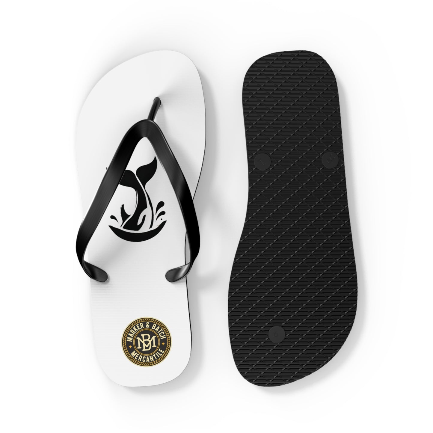 Whale Tail Flip Flops — Minimal Beach Sandals with Black Splash Design