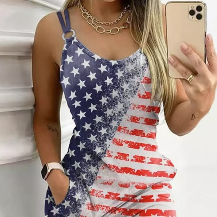 Independence Day Dress - V-neck American Flag Stars and Bars (with pocket)